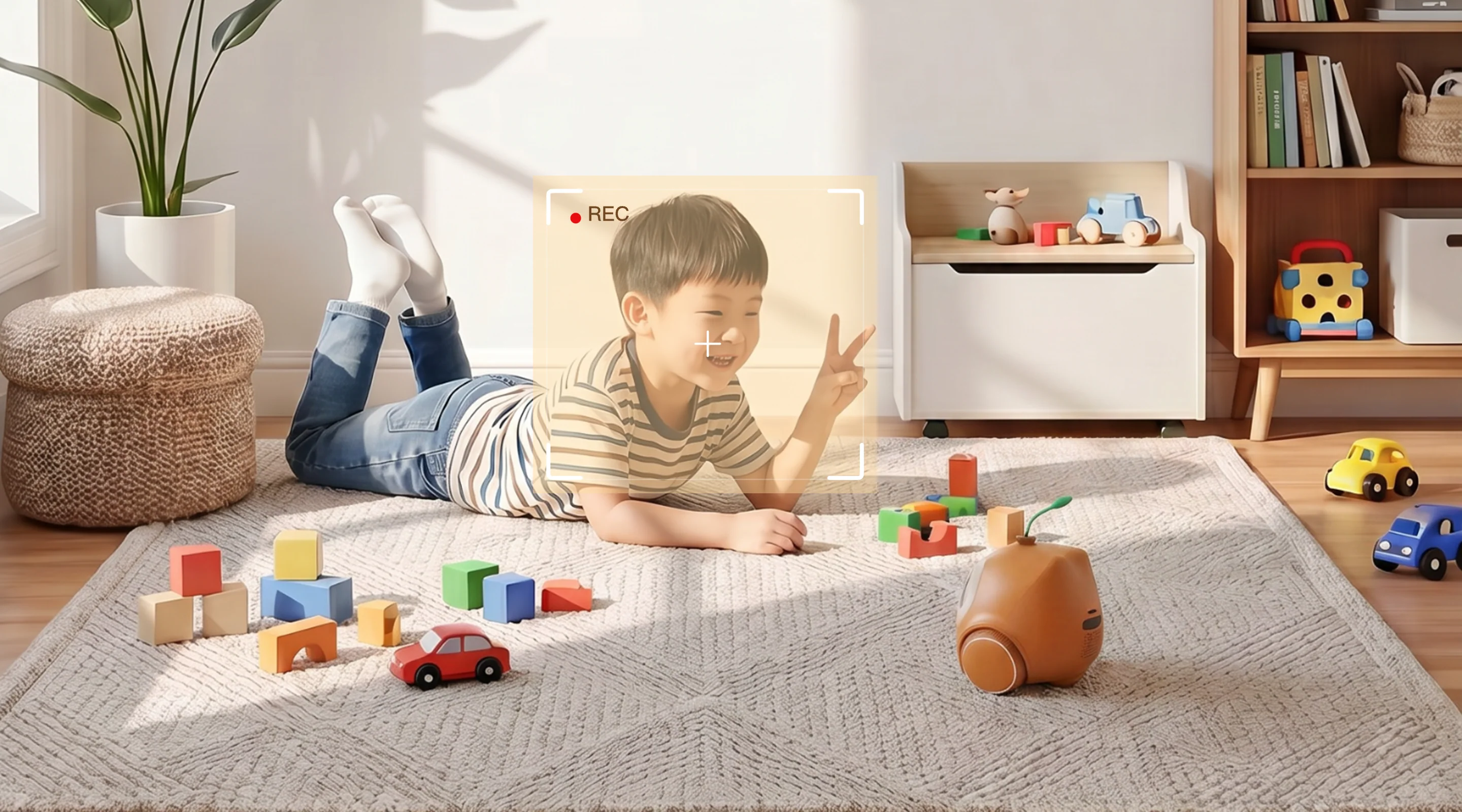 孩子比手势让 Moii 拍照